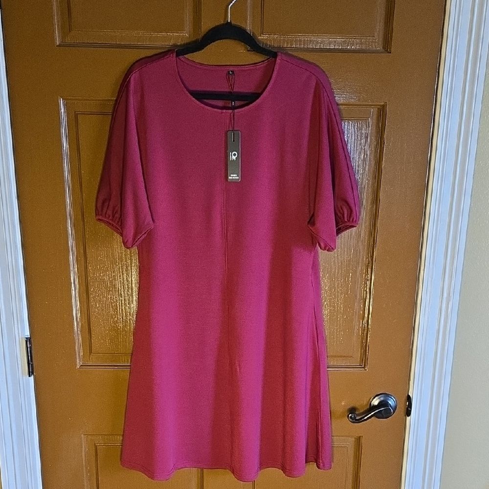Ouges-Burgundy short sleeved pullover jersey knit swing dress Sz L NWT